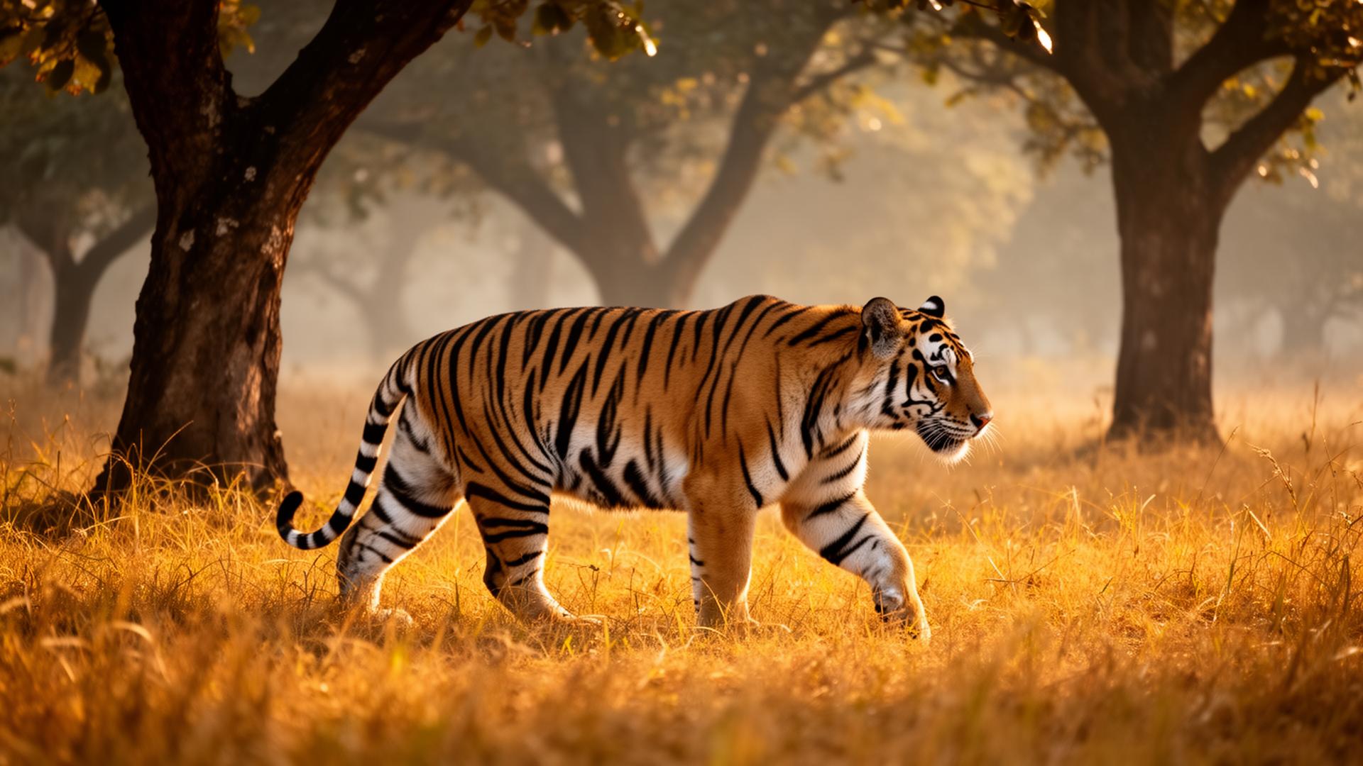 Wild Bengal tiger walking through golden grass in Mudumalai forest