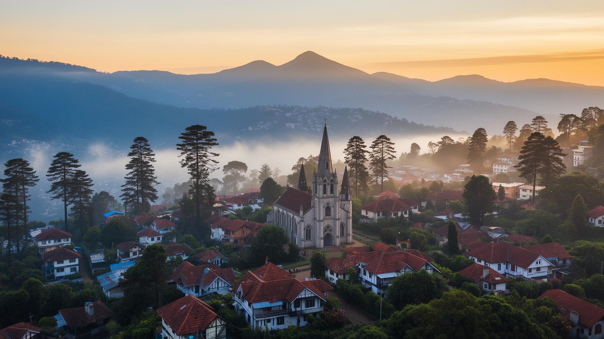Misty Ooty hill town with colonial church spires at dawn