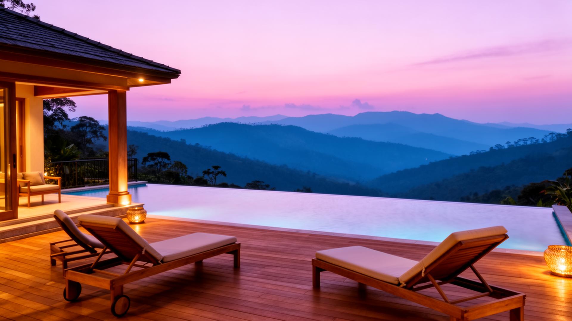 Luxury infinity pool villa overlooking the blue Nilgiri mountains