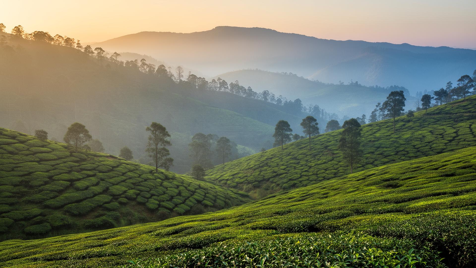 Misty Nilgiri tea-garden hills of Ooty at golden hour